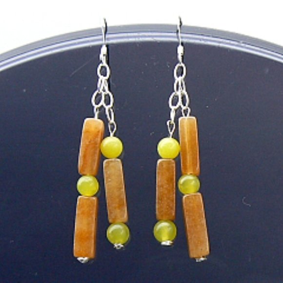 Silver Carnelian & Jadeite Drop Earrings 2.25" - Picture 1 of 3